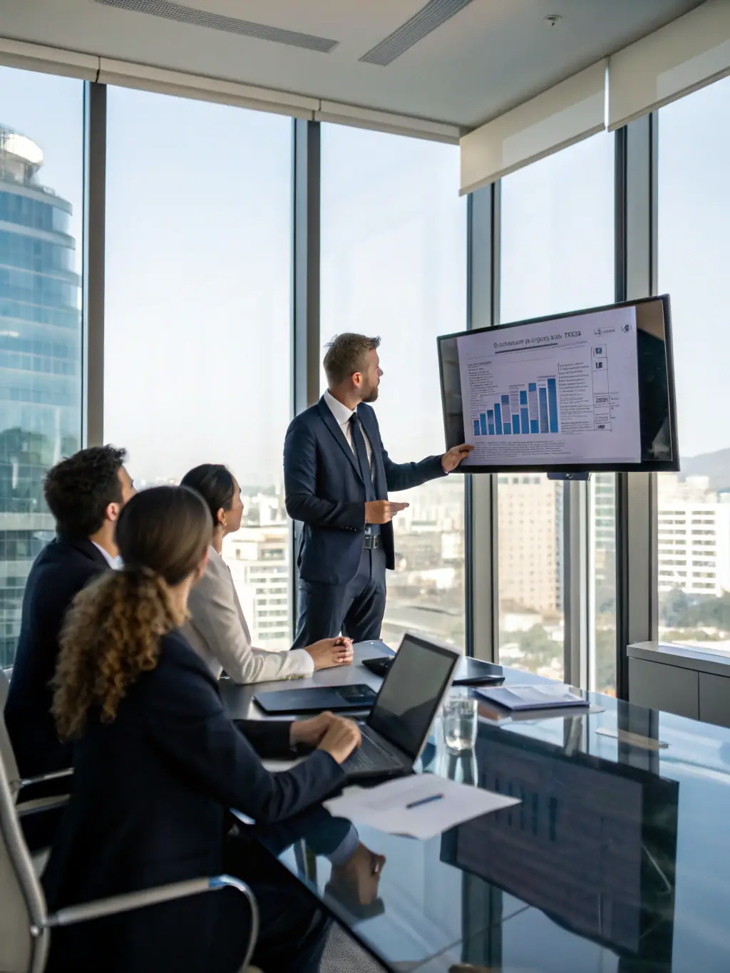 A consultant presenting market analysis data on a large screen to a group of executives, highlighting key insights and opportunities, in a professional boardroom setting.