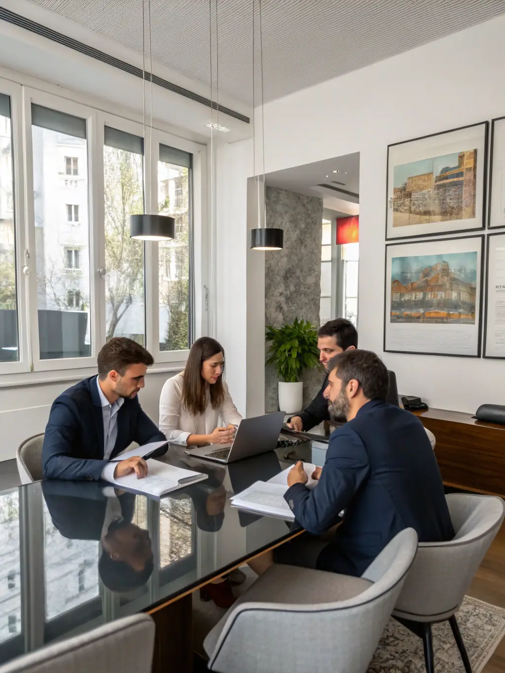 A team of consultants collaborating around a table, reviewing charts and graphs, with laptops and coffee cups scattered around, in a brightly lit conference room.