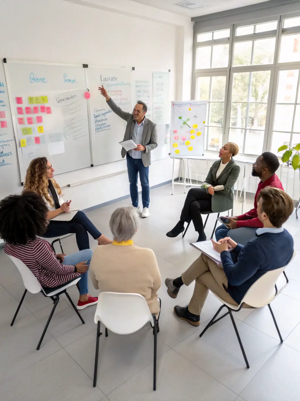 A consultant leading a workshop, engaging with participants and facilitating discussions, with sticky notes and whiteboards filled with ideas, in a collaborative workspace.